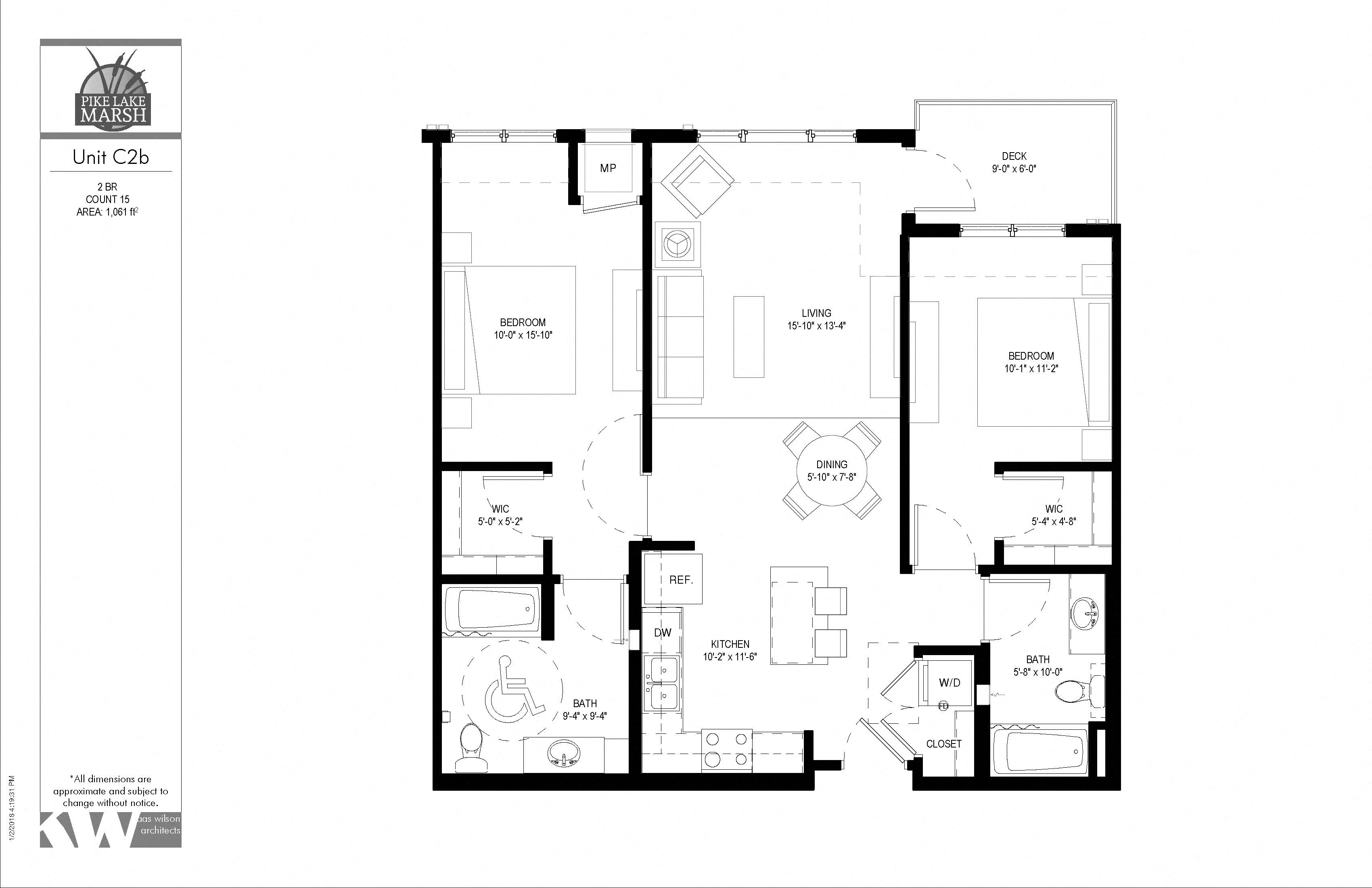 Floor plan for 2 beds, 2 baths, 1061 sqft